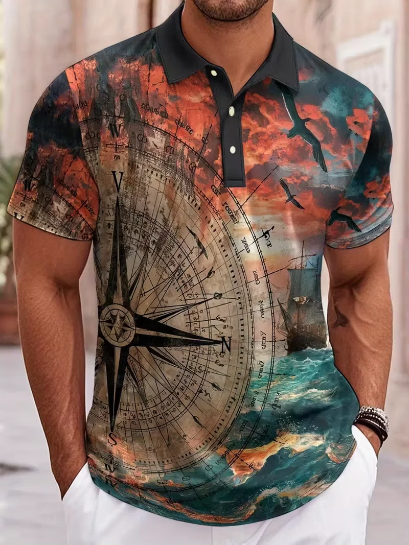 3D printed marble polo shirt men's abstract pattern short sleeved outdoor summer street lapel button top