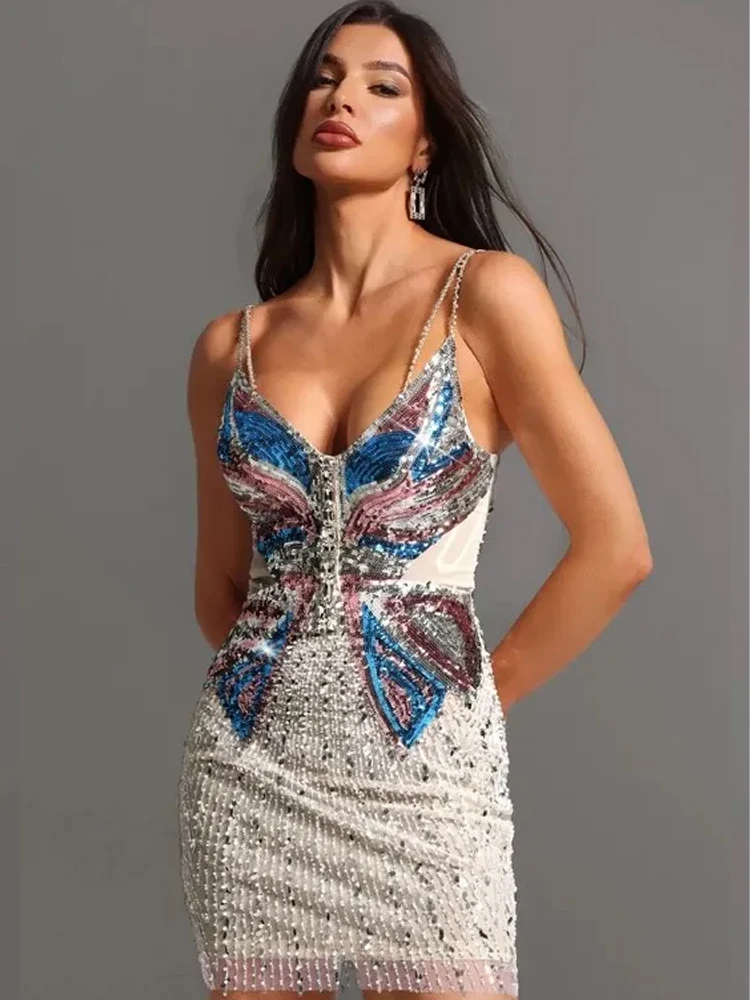 ラインストーンバタフライ装飾カットアウトスパンコールミニドレス - スパゲッティストラップバックレスパーティーナイトアウトウェア Vestido