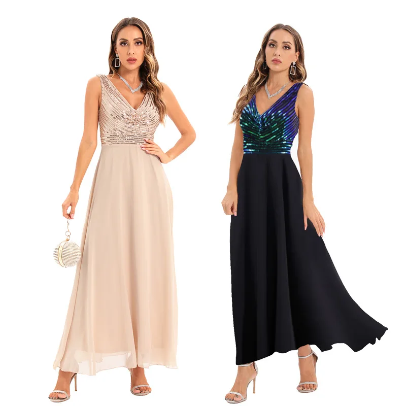 Sexy Double V-neck Sleeveless Sequined Long Formal Evening Party Dress