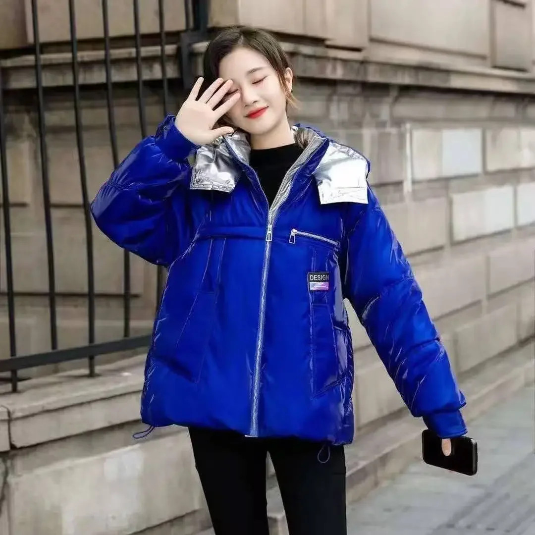 

Модная женская глянцевая пуховая хлопковая куртка 2025, зимняя новая свободная повседневная куртка с капюшоном, женское теплое хлопковое утепленное пальто