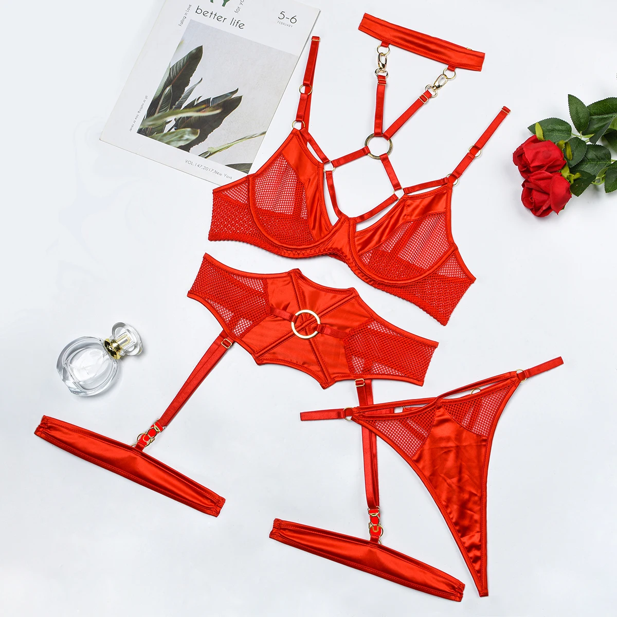 MUZISKAT Valentine\'s Day New Complex Craft Hole Mesh Splicing Steel Ring Gathered Erotic Lingerie Four-Piece Set Onlyfans