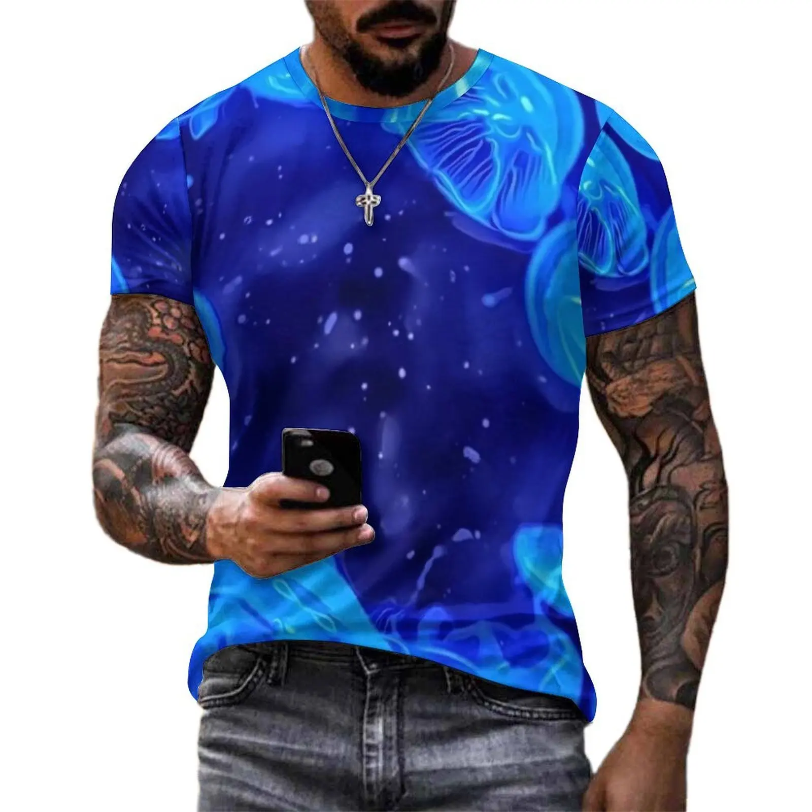 Tropical Marine Print T Shirt For Male Blue Jelly Fish Design O Neck T-Shirts Summer Clothes Short-Sleeve Casual Plus Size Tees