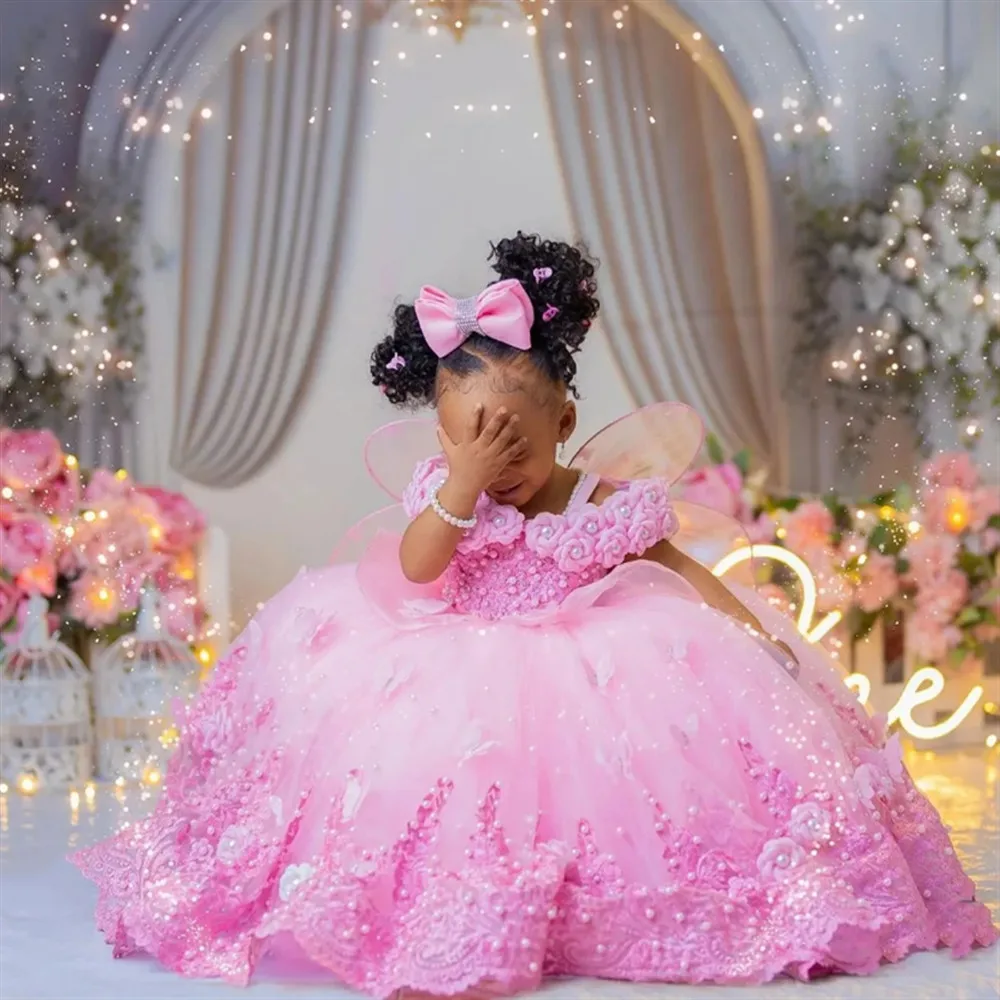 

Luxury Flower Girl Wedding Dress Appliques Pearls Lace First Communion Dress Birthday Photo Shoot Ball Gown for Party Customized