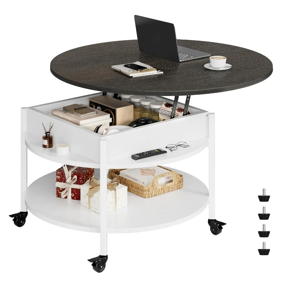 Small Round Lift Top Coffee Table with Wheels and Storage, White 26.77’’ Rolling Lift Up Circle Center Table