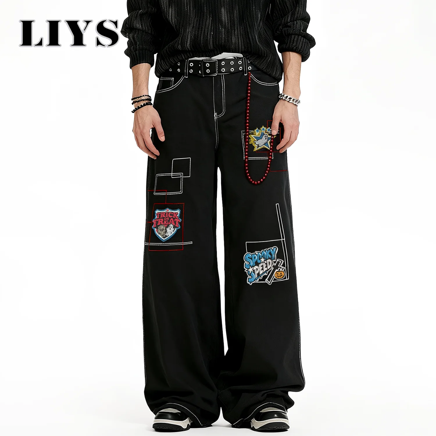 

Американские мужские черные мешковатые широкие джинсы Y2K High Street в стиле хип-хоп с индивидуальной вышивкой, свободные джинсовые брюки Four Seasons унисекс