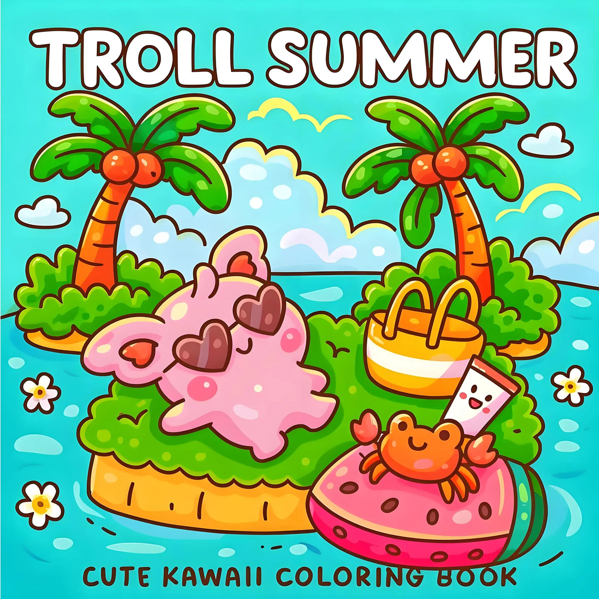 Troll Summer Kawaii Coloring Book For Adult Tropical Island Palm Holiday Beach Scenes Anti Anxiety Stress Relief Drawing Book