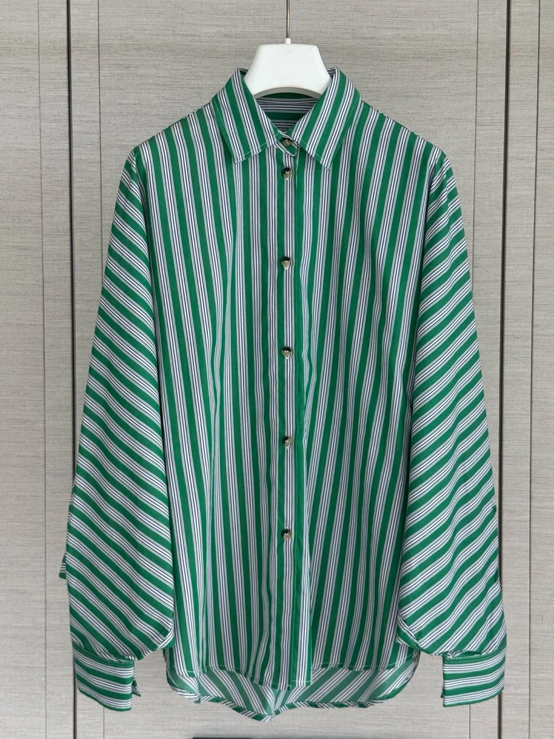 Green White Vertical Striped Long Sleeve Shirt Women Loose Fit Oversized Casual Streetwear Top