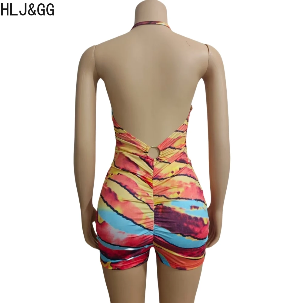HLJ&GG Sexy Bodysuits Printing Hollow Out Halter Rompers Women Round Neck Backless Sleeveless Jumpsuits Fashion Overalls 2025
