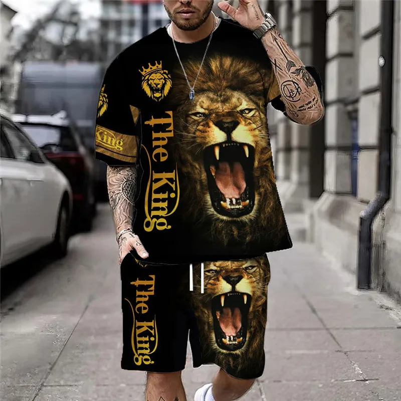 Summer Casual Men\'s Classic Lion Print T-Shirt Set Vintage Streetwear Loose Oversized Breathable Soft Short Sleeves And Shorts