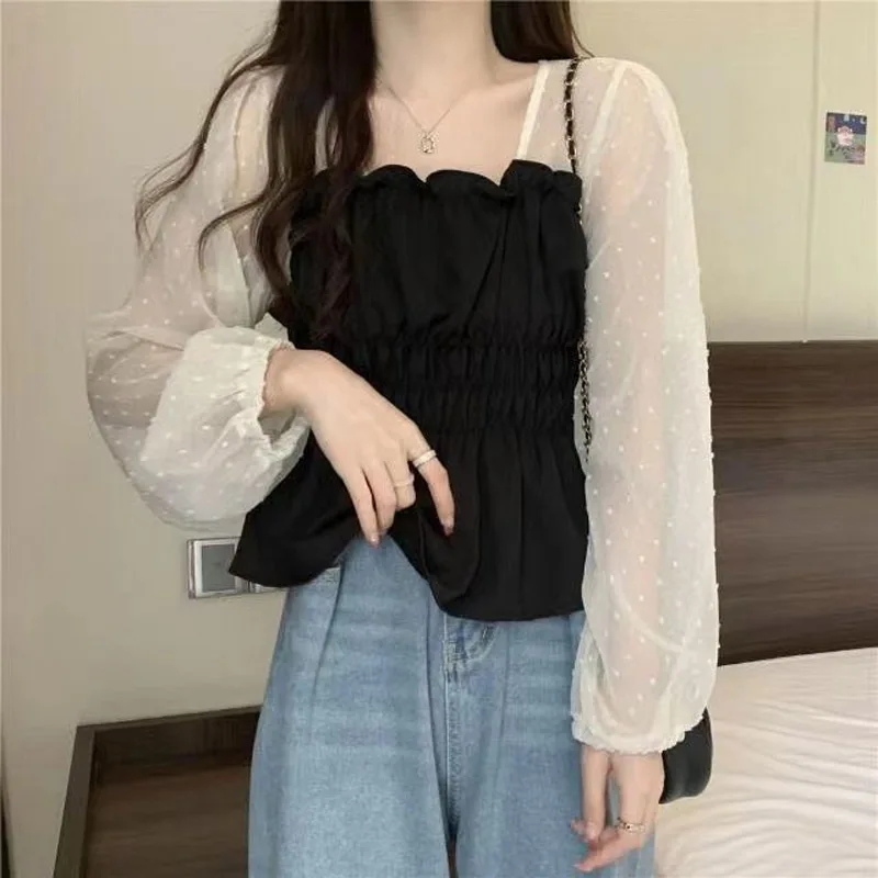 Classic Color Matching Fashion Net Penetration Ruffles Blouse Women New Long Sleeve Slash Neck Slim Korean All--match Lady Shirt