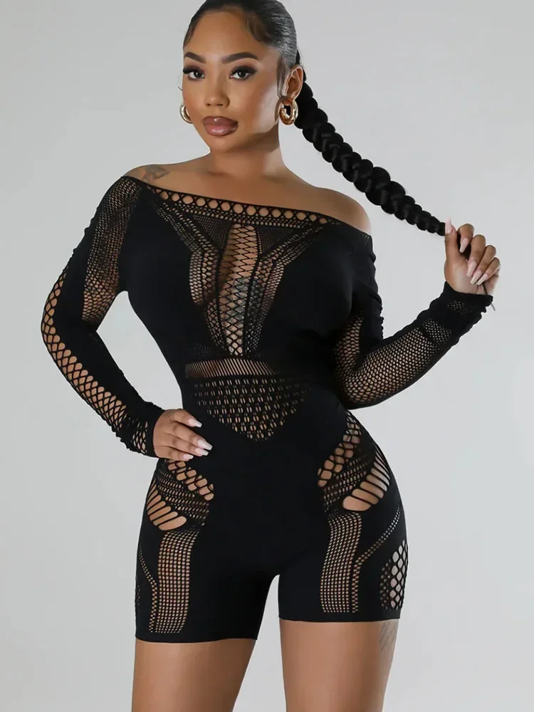 Sexy Mesh tembus pandang tengah malam playsuit wanita lengan panjang Hollow Out Patchwork Skinny Clubwear Rompers Womens Jumpsuit Bodysuit