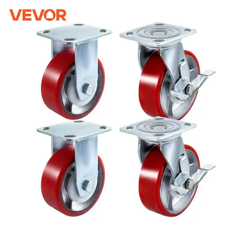 

VEVOR 4 Pack 6" x 2" Heavy Duty Iron Core Polyurethane 2 Rigid and 2 Swivel Casters With Side Brake 1000LBS Capacity Per Wheel