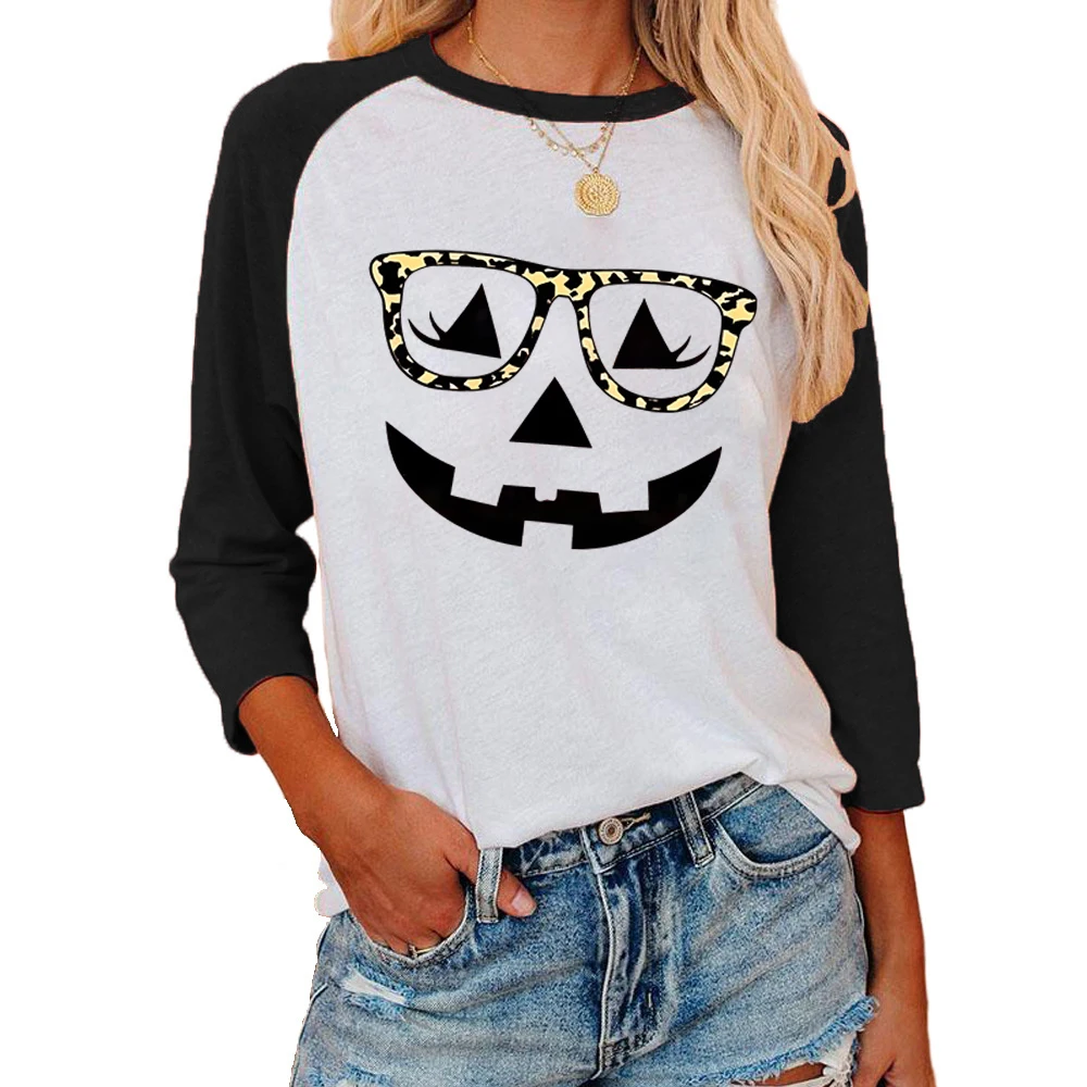 

Halloween Pumpkin Faces Three Quarter Sleeve T Shirt For Women Halloween T-shirts Three Quarter Sleeve Crew Neck Raglan T-shirts