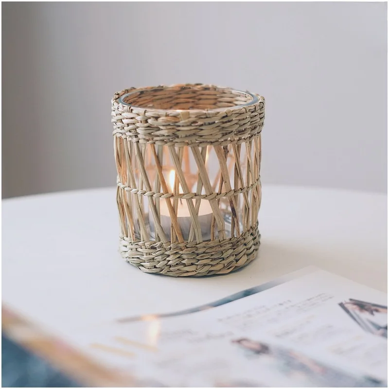 Handcraft Rattan Woven Tealight Candle Holder, Rustic Vintage Seagrass Glass Votive Candle Holders for Dining Table Decoration