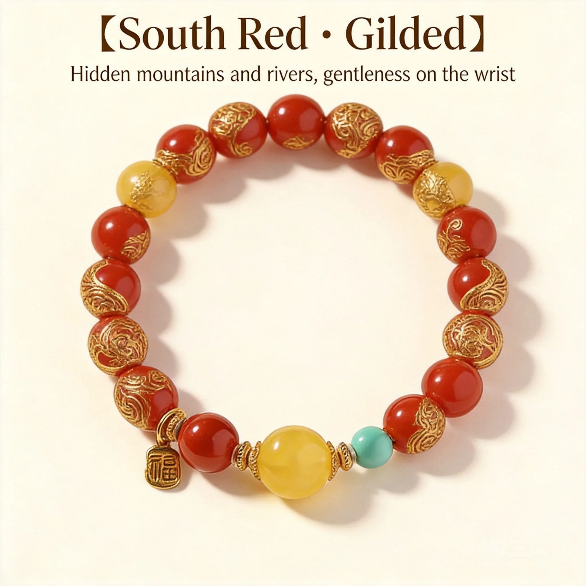 Chinese Style 8mm Natural Red Agate Beaded Bracelet With Amber Turquoise Lucky Fu Charm Good Fortune Blessing Jewelry For Women