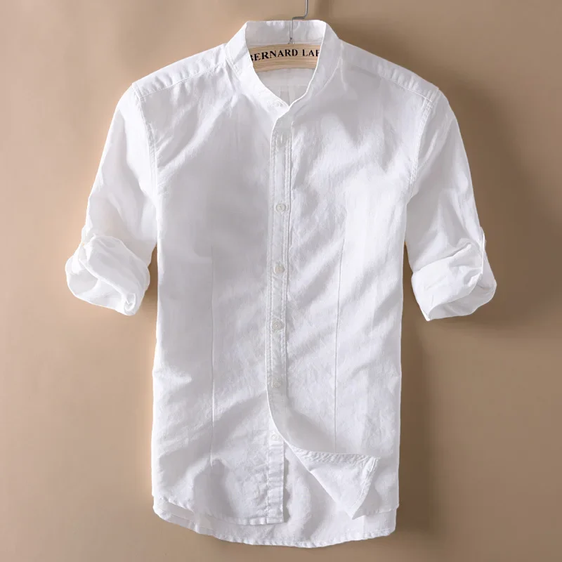 Men Stand Collar Linen Shirts Long Sleeve Mens Button-Front Quality Casual Shirts Slim Fit Solid Dress Shirts Men Clothes TS-154