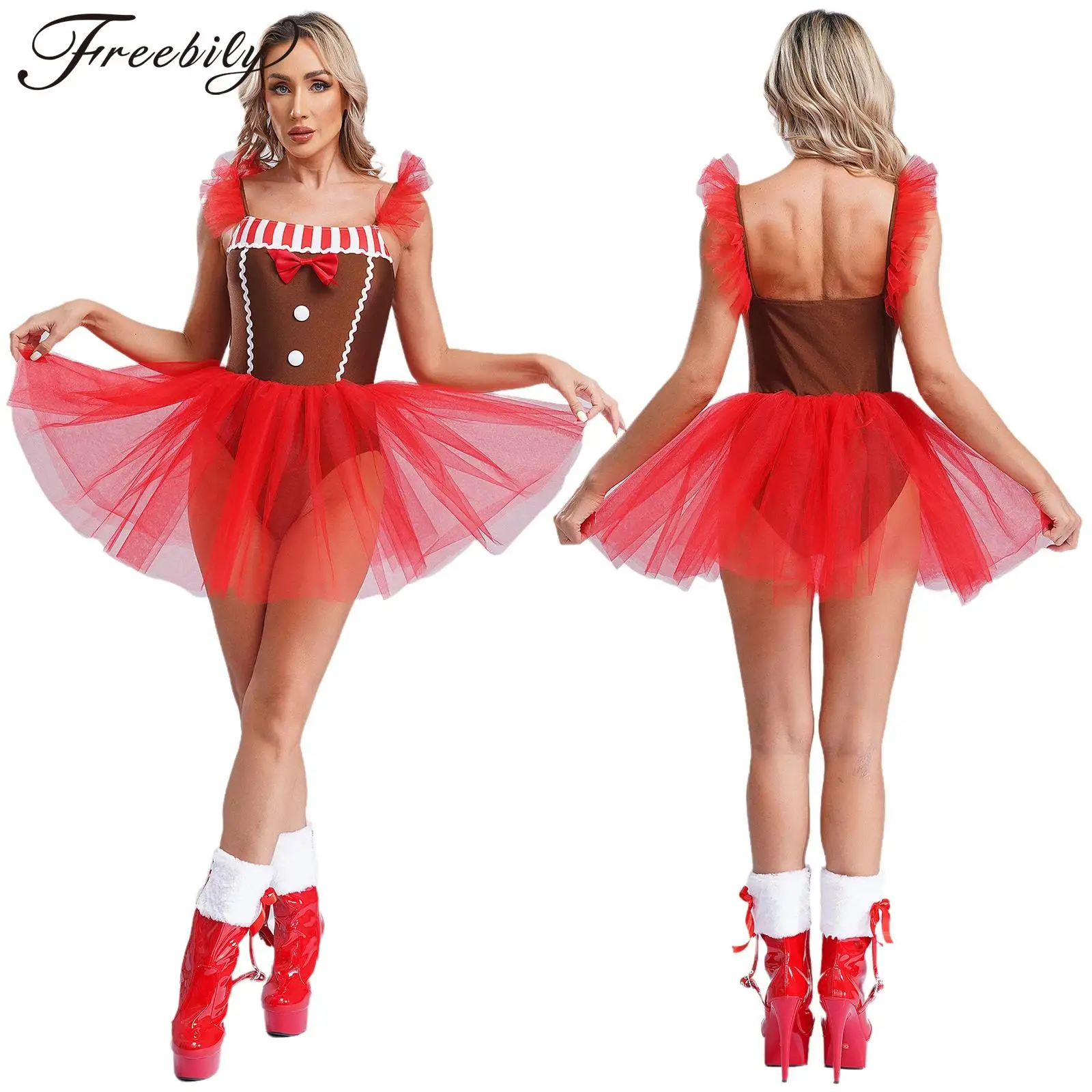 Women Christmas Gingerbread Cosplay Costume Bowknot Striped Mesh Tutu Dress Bodysuit Xmas New Year Cookie Man Role Play Clothes