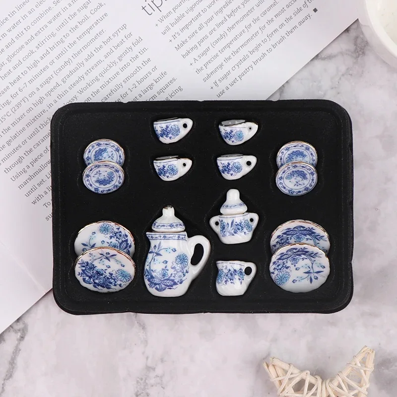 15pcs/Set 1:12 Mini Dollhouse Miniature Tableware Porcelain Ceramic Tea Cup Teapot Cup Plate Dollhouse Kitchen Furniture Toys