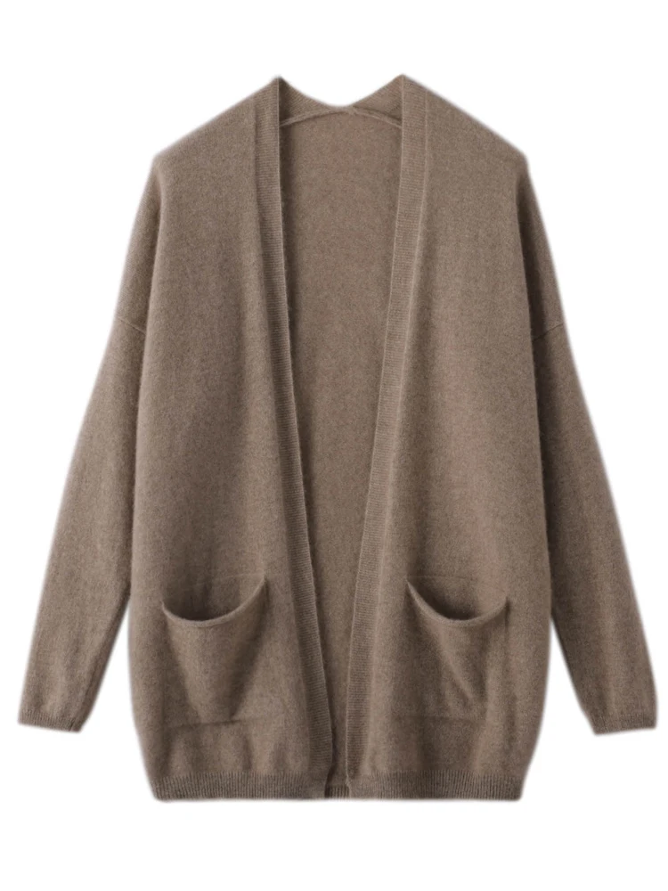 Autumn Winter Womens Casual Grace Cardigan Sweater 100% Merino Wool Solid Pocket Cashmere Knitwear Jumpers Korean Fashion 2023