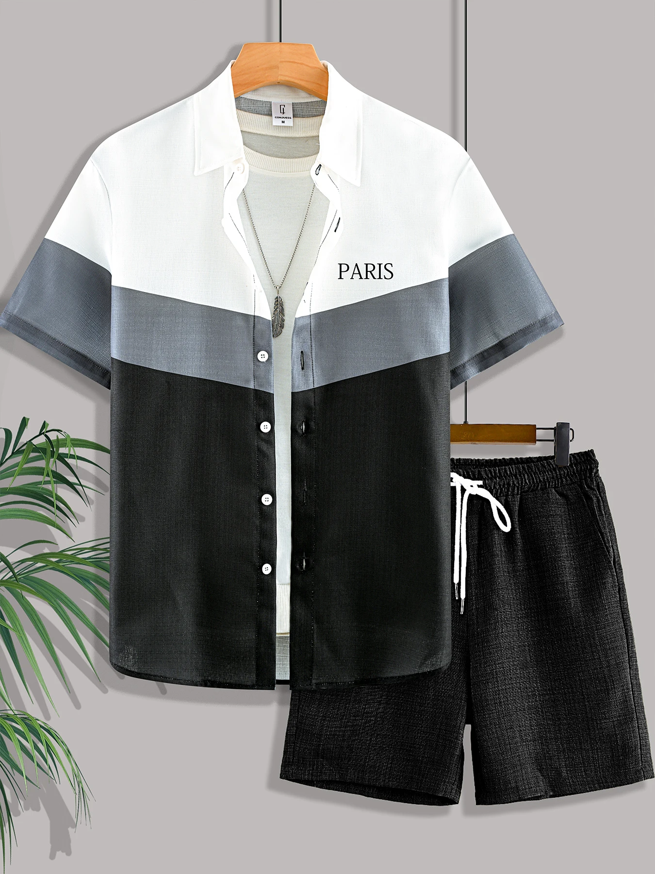 Men's Color-Blocked Printed Short-Sleeve Shirt with Textured Shorts Set, Button-Front Shirt, Casual Two-Piece Set for Everyday Wear and Vacation