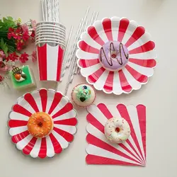 Red White Silver Striped Disposable Tableware Set Circus Birthday Party Decor Plates Cup Tablecloth Napkin Knives Forks Supplies