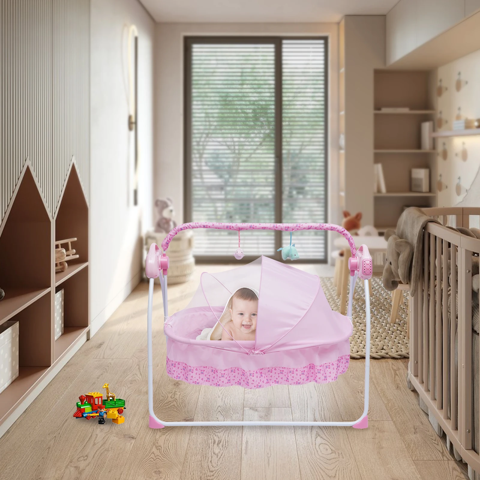 Electric Cradle Foldable Electric Baby Cradle w/ Music Dual Control, Mosquito Net & Swing,  Adjustable Rocking Bassinet