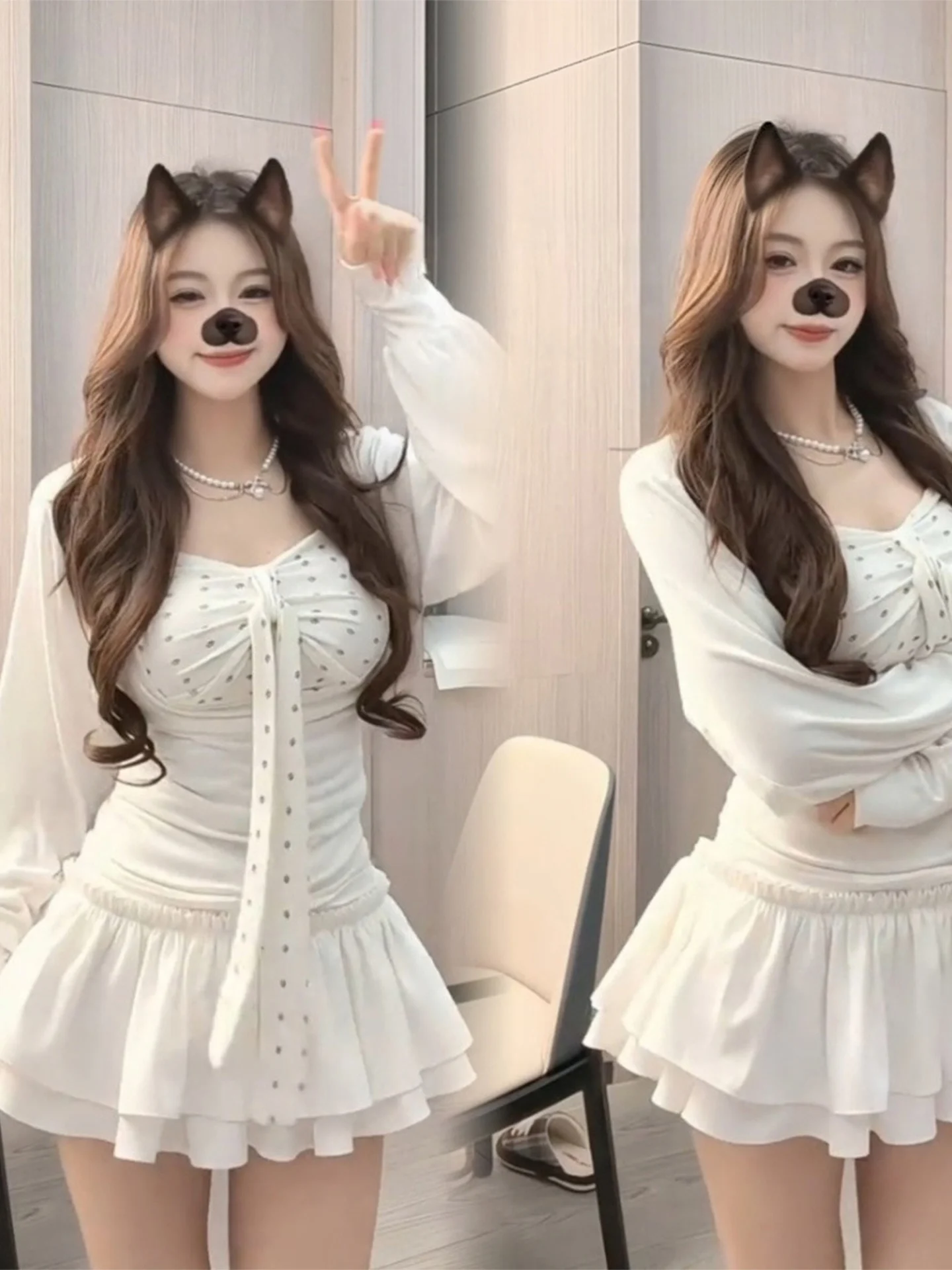 Early Autumn Spicy Girl Fashion Set White Cover up T Shirt Top Dog Paw Strapless Tube Top Vest Short Skirt Women's Ensemble