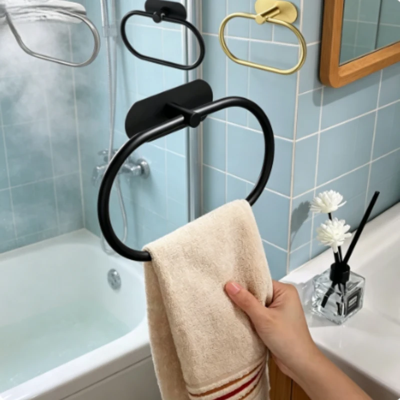 

Self Adhesive Black Stainless Steel Towel Holder Bathroom Towel Ring Rail Hanger Kitchen Storage Accessories