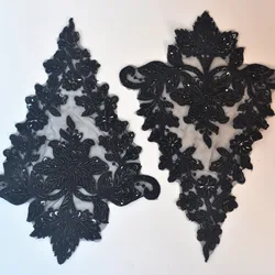 2pcs Luxury Flower Pattern Black Lace Trim Applique Sewing Accessories Beaded Lace Patches Patchwork Ribbon Handmade DIY Craft