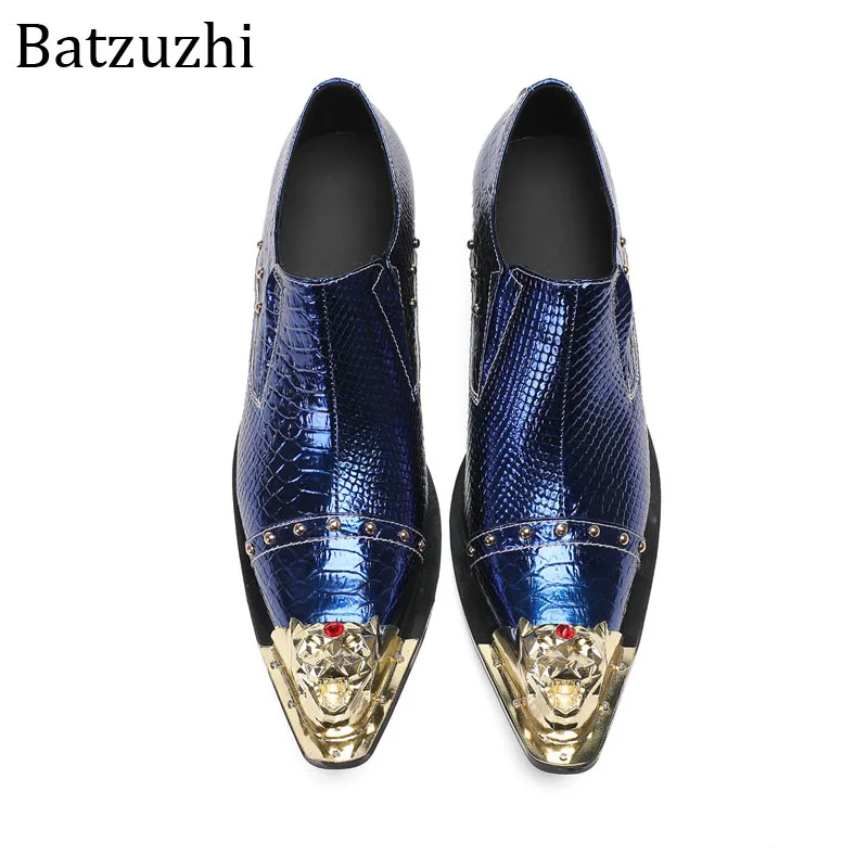 Batzuzhi Blue Leather Dress Shoes Men Luxury Fashion Slip on Shoes for Man Business, Party, Wedding! 6.5cm Heels!