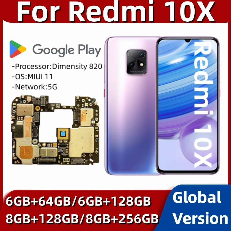 

5G Motherboard for Xiaomi Redmi 10X/Redmi Note 9, Global Version Circuits Mainboard, 64GB, 128GB, 256GB ROM