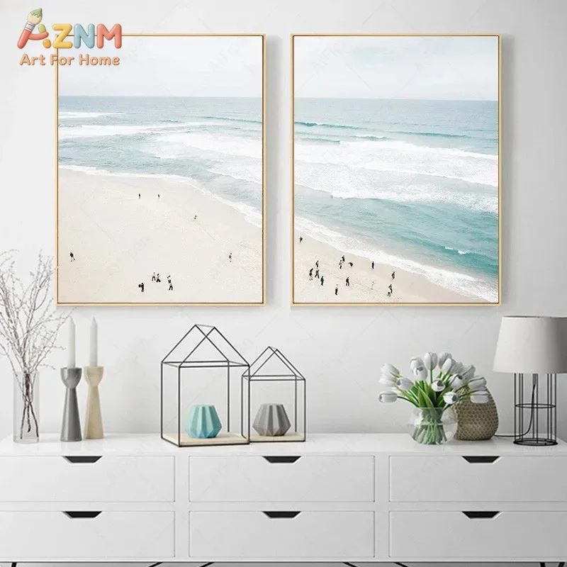 AZNM Minimalist Coastal Beach Canvas Wall Art, Neutral Blue Ocean Wave Print, Frameless Aerial View Seaside Landscape Canvas Pai