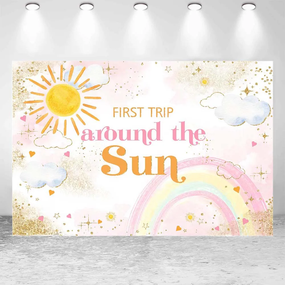 Mocsicka First Trip Around the Sun Photo Background Sun Rainbow Girl 1st Birthday Backdrop Party Decor Newborn Photography Props