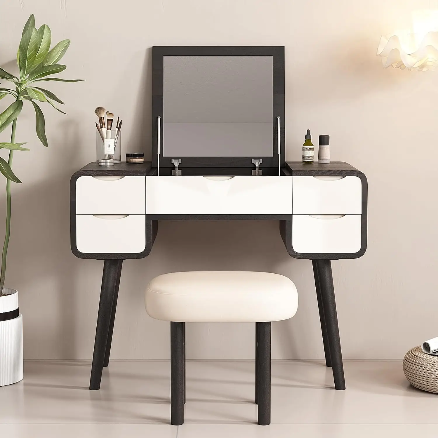 Flip Top Vanity Desk with Stool Reversible Mirror Hidden Storage Easy Assembly, Customized