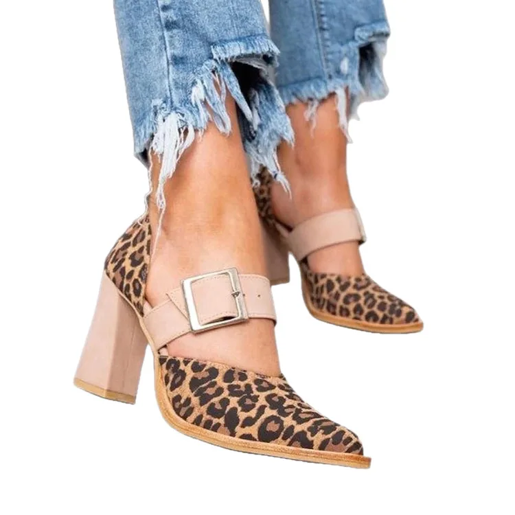 New Spring Fashion High Heel 40-43 Pointed Belt Buckle Leopard Print Hollow Women's Sandals