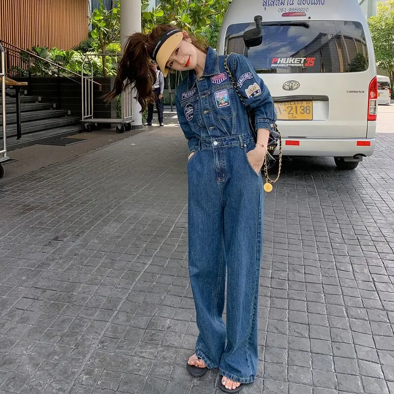 

Новый джинсовый комбинезон с высокой талией из эластичного хлопкового денима для женщин, модный, весенний сезон, глубокий цвет
