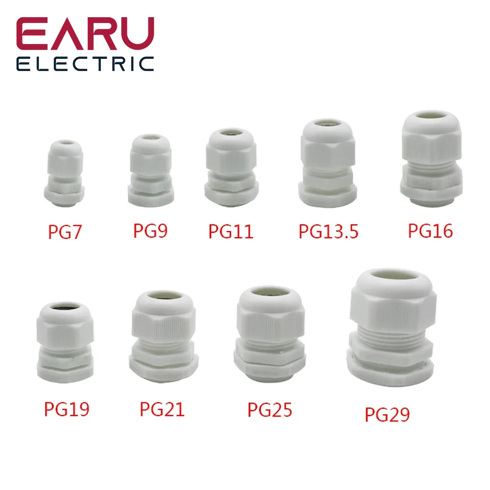 Impermeável Cable Entry Gland Cabo, Branco Preto Nylon Conector Plástico, IP68, PG7, PG9, PG11, PG13.5, PG16, PG19, PG21, PG25, 10Pcs