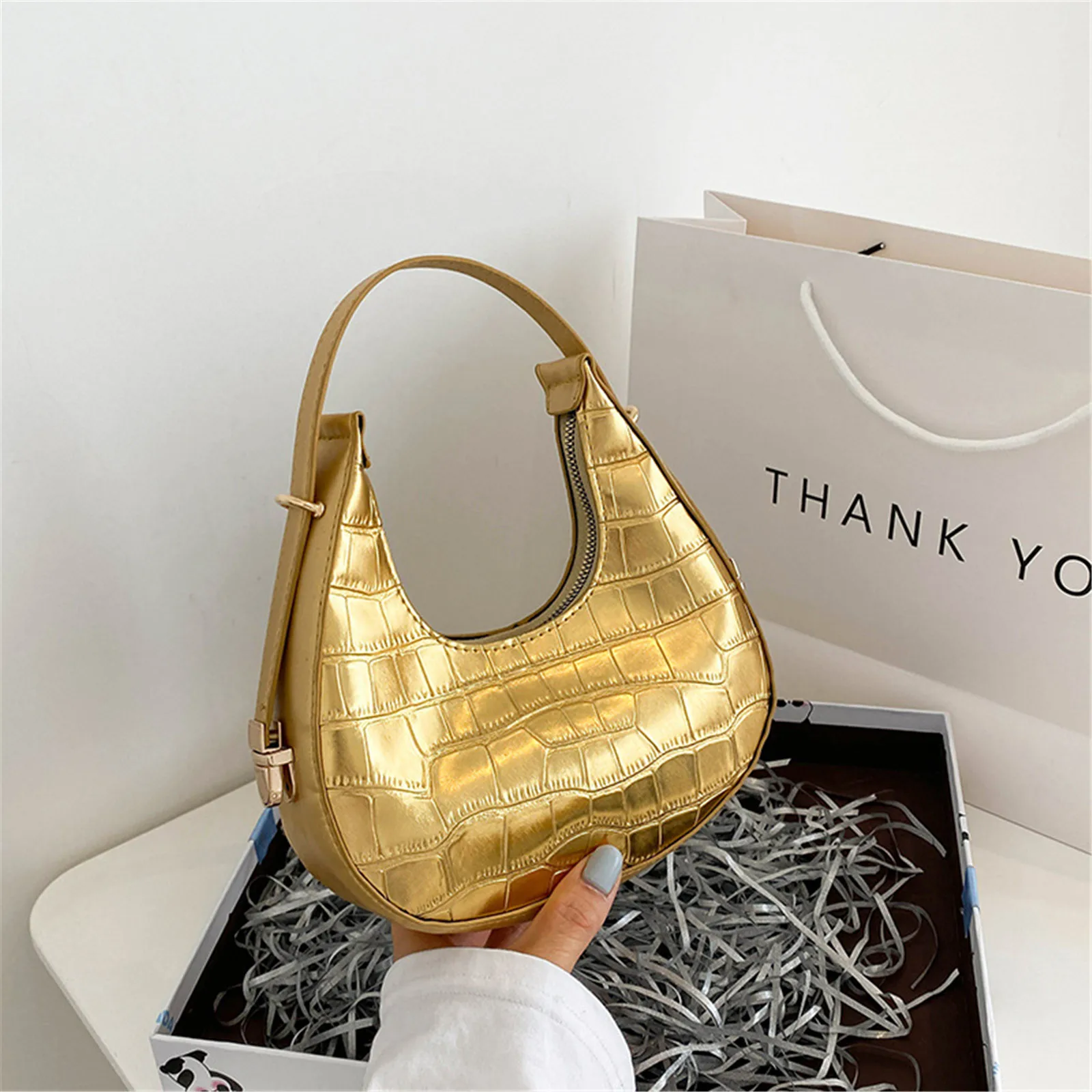 Women\'s Crocodile Grain Underarm Bags PU Fashion Shoulder Bag Cute Simple Handbags Elegant Solid Color Casual Female Purses