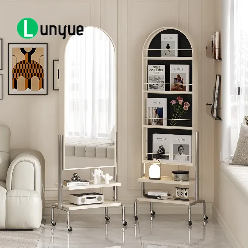 Movable Full Body Floor Mirror with Shelf and Magazine Rack Rotating Full Length Fitting Mirror for Bedroom Home Storage