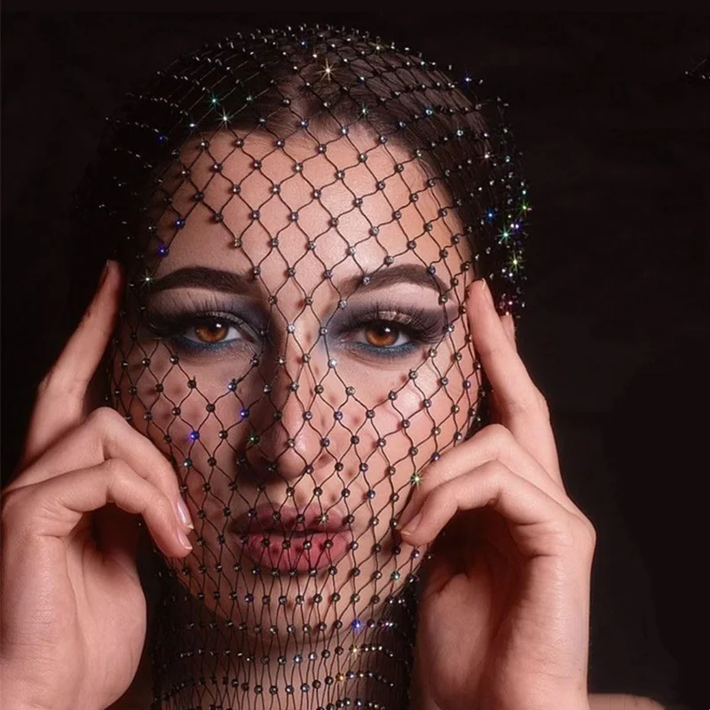Shiny Rhinestone Mask Full Face Cover Mesh Cap 2Holes Balaclava Mask For Face Women Nightclub Hollow Mesh Luxury Crytsal Jewelry