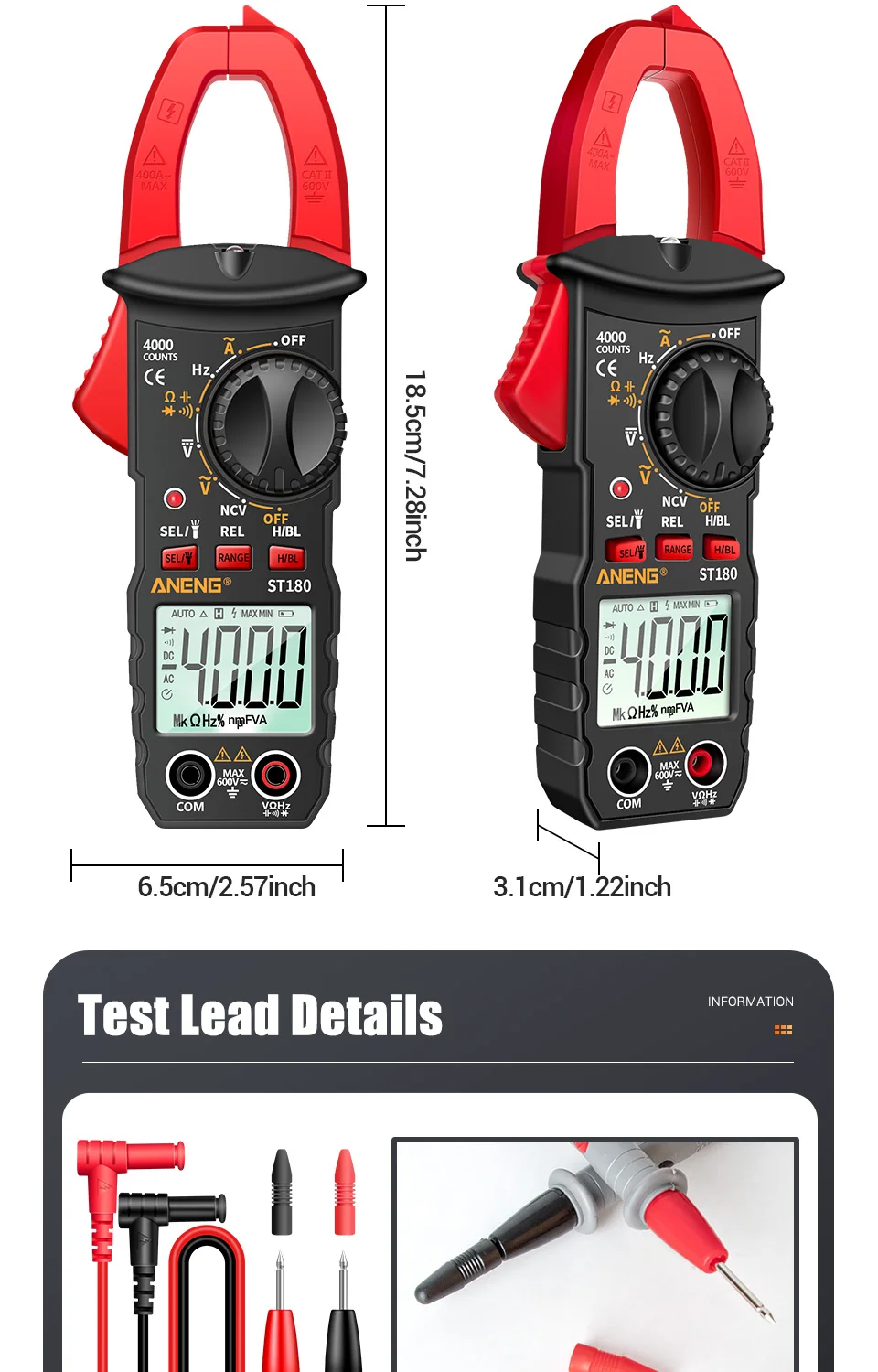 ANENG ST180 AC-Stromzangenmessgerät Digital 4000 Zähler Multimeter Amperemeter Spannungstester Auto Ampere Hz Kapazität NCV Ohm Werkzeug – Detail 12