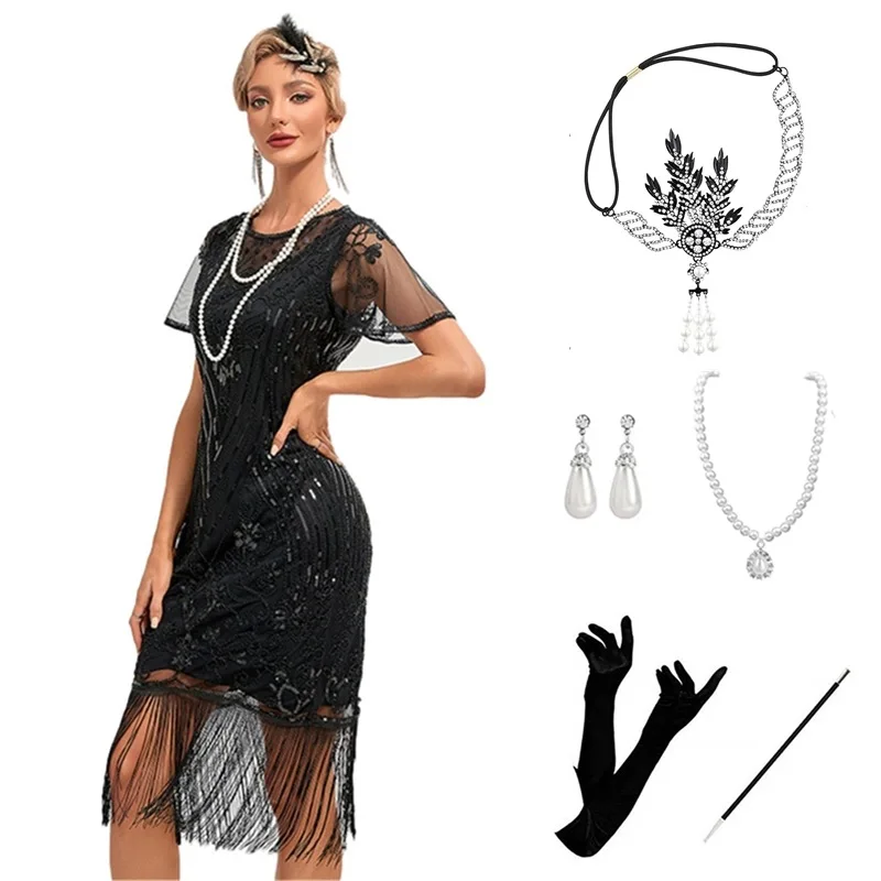 Sexy Sequin Tassel Skirt Set 920s Vintage Par Dr ort Sve Celebration Outfit Glowing Evening Gown for Festive Occas...