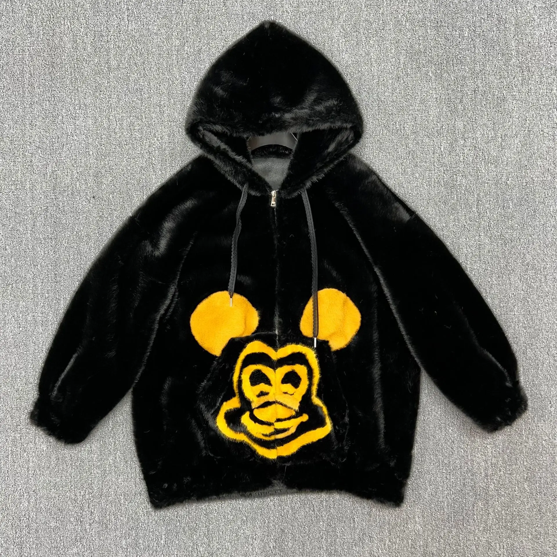 Autumn Winter 2025 New European Velvet Color Block Hooded Casual Cartoon Pattern Zipper Women's Faux Fur Coat Furry Sweatshirts