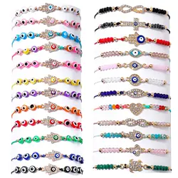 12 Pcs Lot Lucky Blue Evil Eye & Fatima Bracelets Anklet Set For Women Crystal Beaded Braided Rope Wholesale Alloy Jewelry Gifts