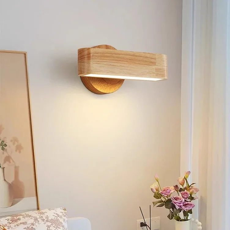 Nordic Chinese Style Natural Wood Rotatable LED Wall Lamp for Bedroom Stair Corridor