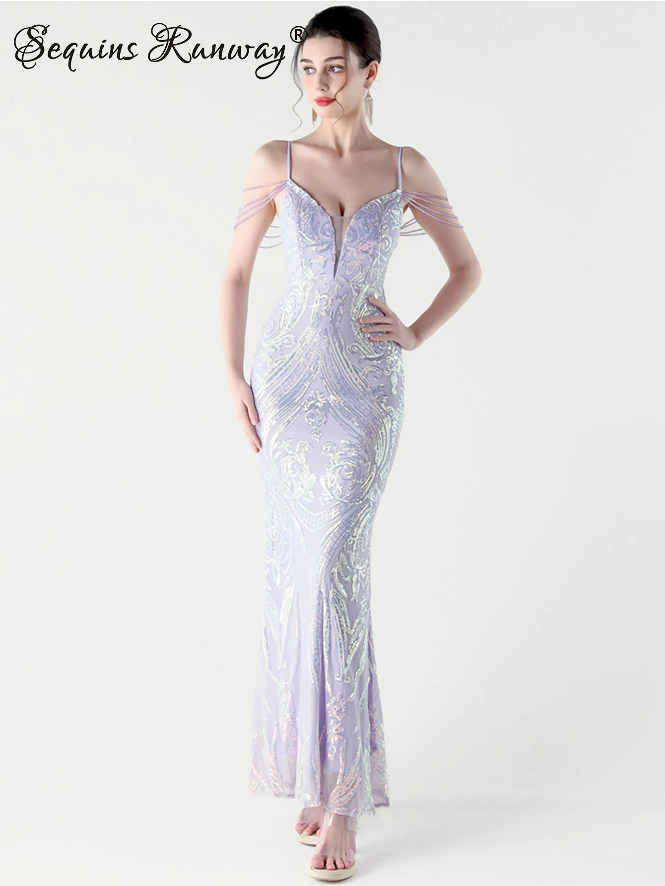 Sexy backless black sequin slip summer dress women elegant prom party long dresses woman luxury fishtail evening dresses vestido