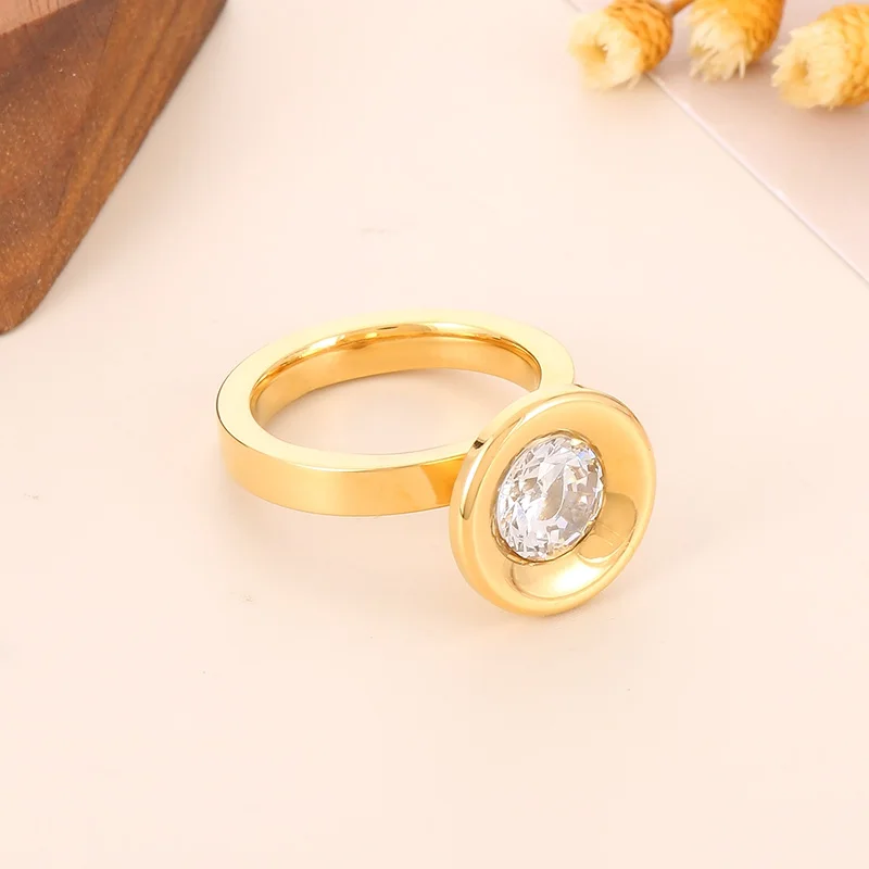 Fashion White Shiny Zircon Round Rings for Women Girl Gold Silver Color Stainless Steel Ring Elegant Unique French Jewelry Mujer