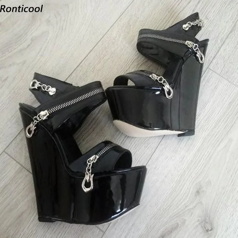 Ronti cool handgemachte Frauen Sommers andalen glänzende Keile High Heels runde Zehen elegante schwarze Kleid Schuhe uns plus Größe 4-15