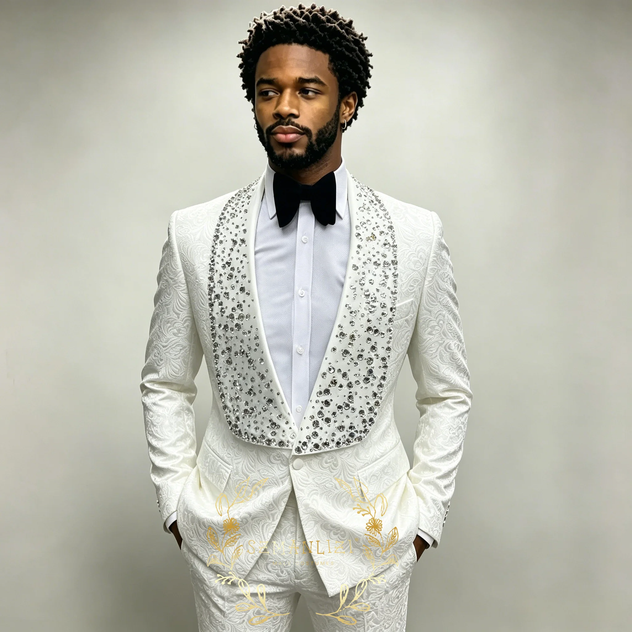 

Floral Jacquard Wedding Suits For Men Slim Fit Bridegroom Tuxedos Crystals Beading Shawl Lapel Jacket Pants 2 Pieces Blazer Sets