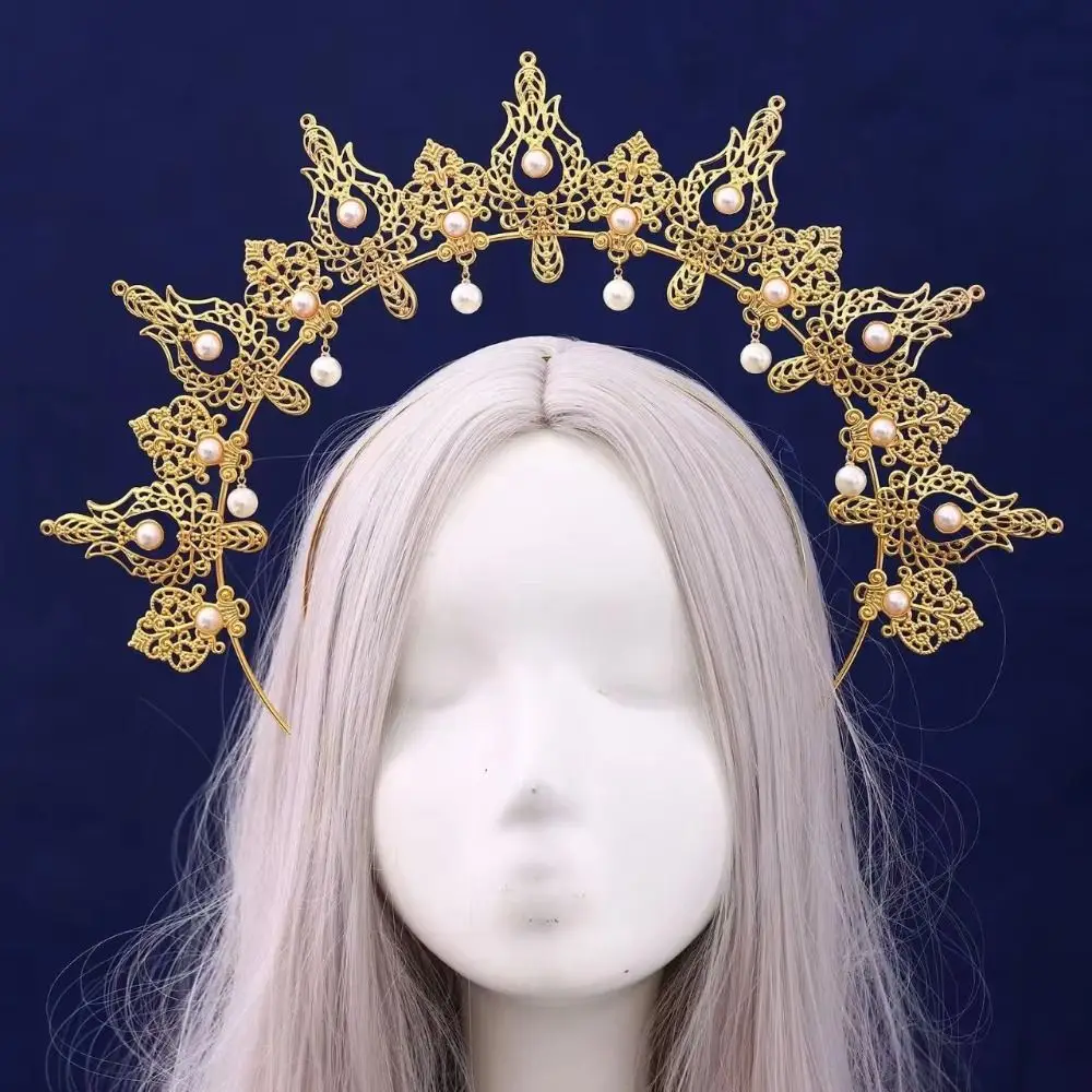 

Gold Plated Halo Crown Vintage Faux Pearl Inlaid Baroque Tiara Headband Exquisite Spike Design Goddess Headpiece